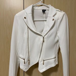 White moto style jacket with gold accents
